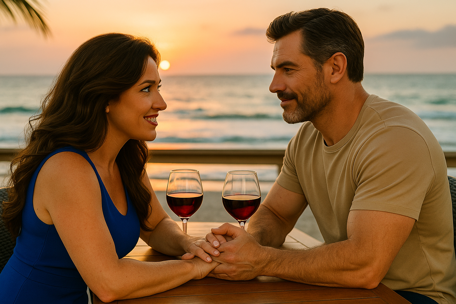 A happy couple in their 40s holding hands at a seaside restaurant at sunset, smiling and connecting over wine—representing emotionally mature dating.